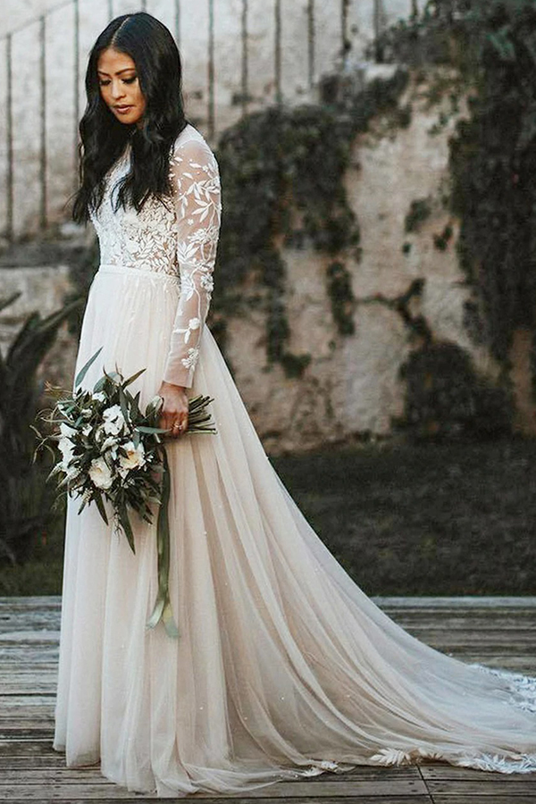 Stylish Lace Long Sleeves Scoop Sweep Train A-Line Wedding Dress
