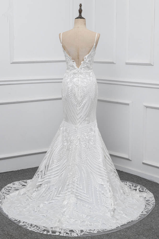 BMbridal Chic Spaghetti Straps V-Neck White Wedding Dresses Appliques Sleeveless Bridal Gowns On Sale-BMbridal