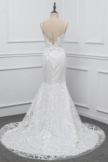BMbridal Chic Spaghetti Straps V-Neck White Wedding Dresses Appliques Sleeveless Bridal Gowns On Sale-BMbridal