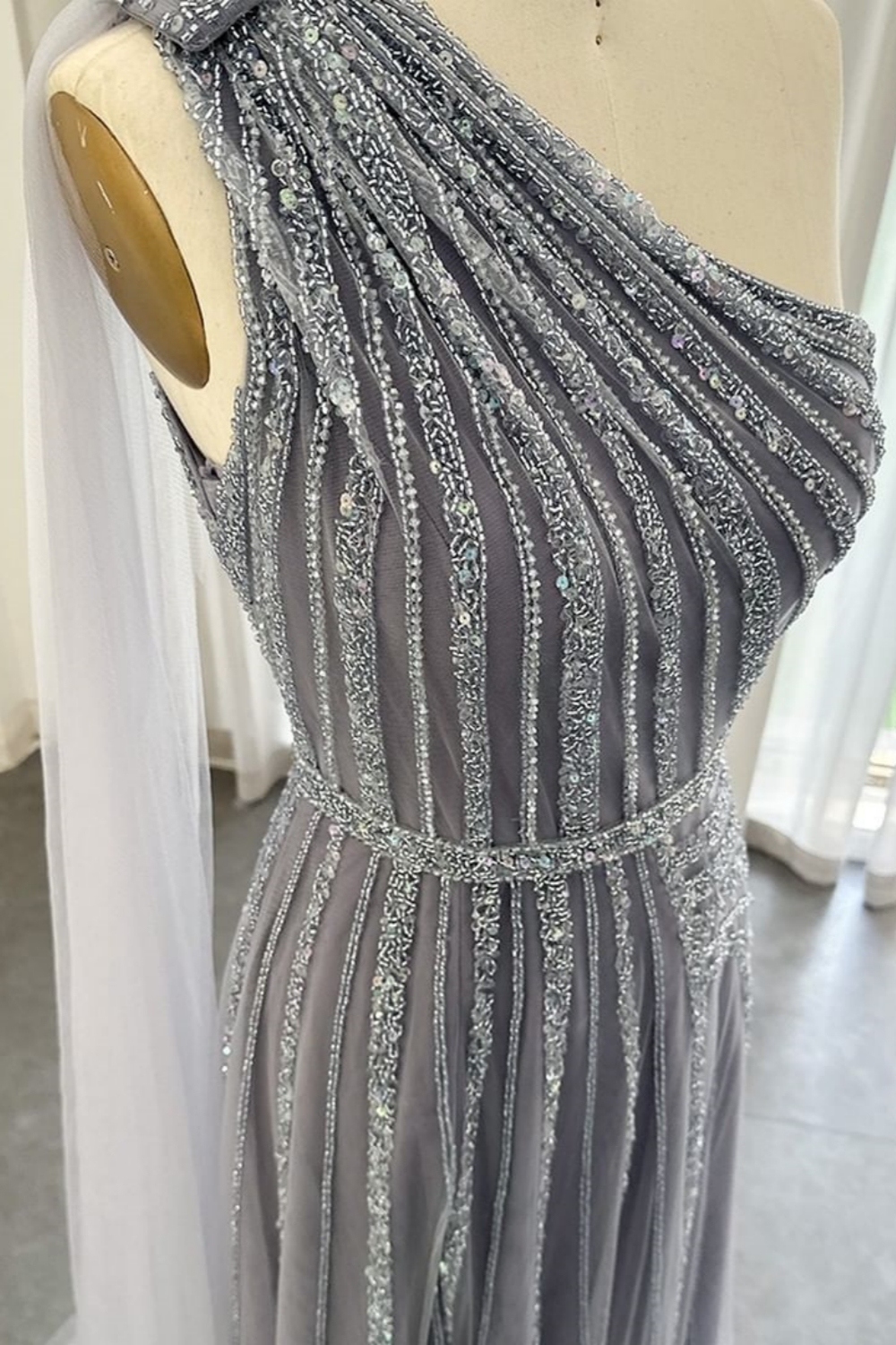 Bmbridal A-Line Dusty Sage One Shoulder Tulle Sleeveless Prom Dresses
