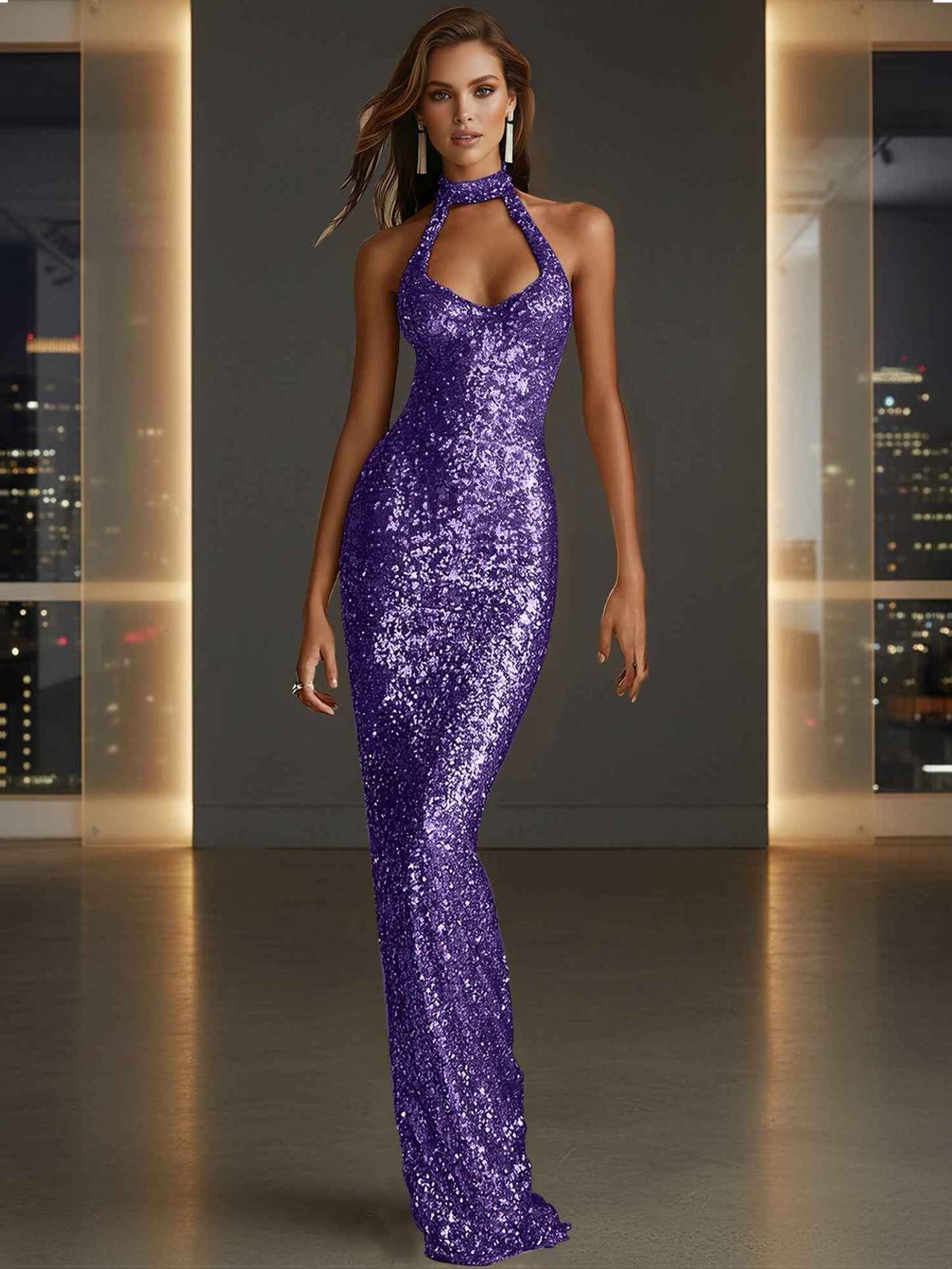 Glamorous Gold Sequin Halter Neck Mermaid Long Prom Dress