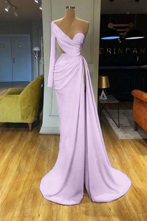 White Long Sleeve Sweetheart Mermaid Prom Dress One Shoulder With Split
