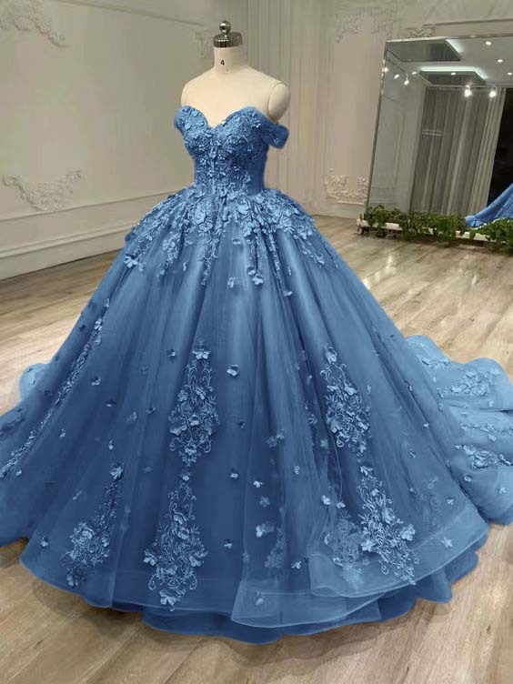 Tulle Sleeveless Off the Shoulder Long Prom Dress With Appliques