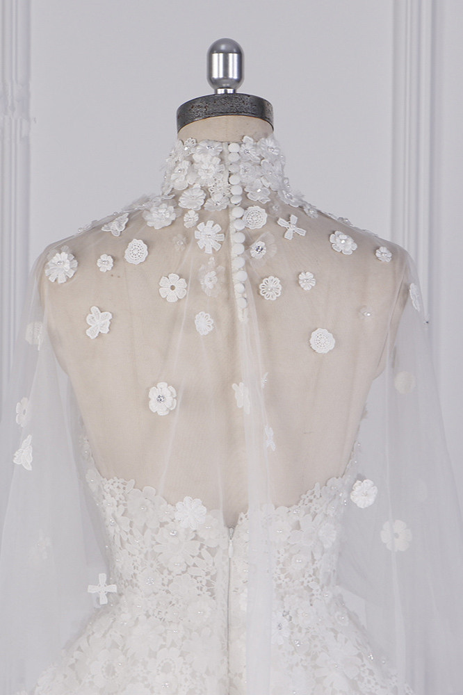 BMbridal Chic High-Neck Tulle Lace Wedding Dress Appliques Beadings Long Sleeves Bridal Gowns On Sale-BMbridal