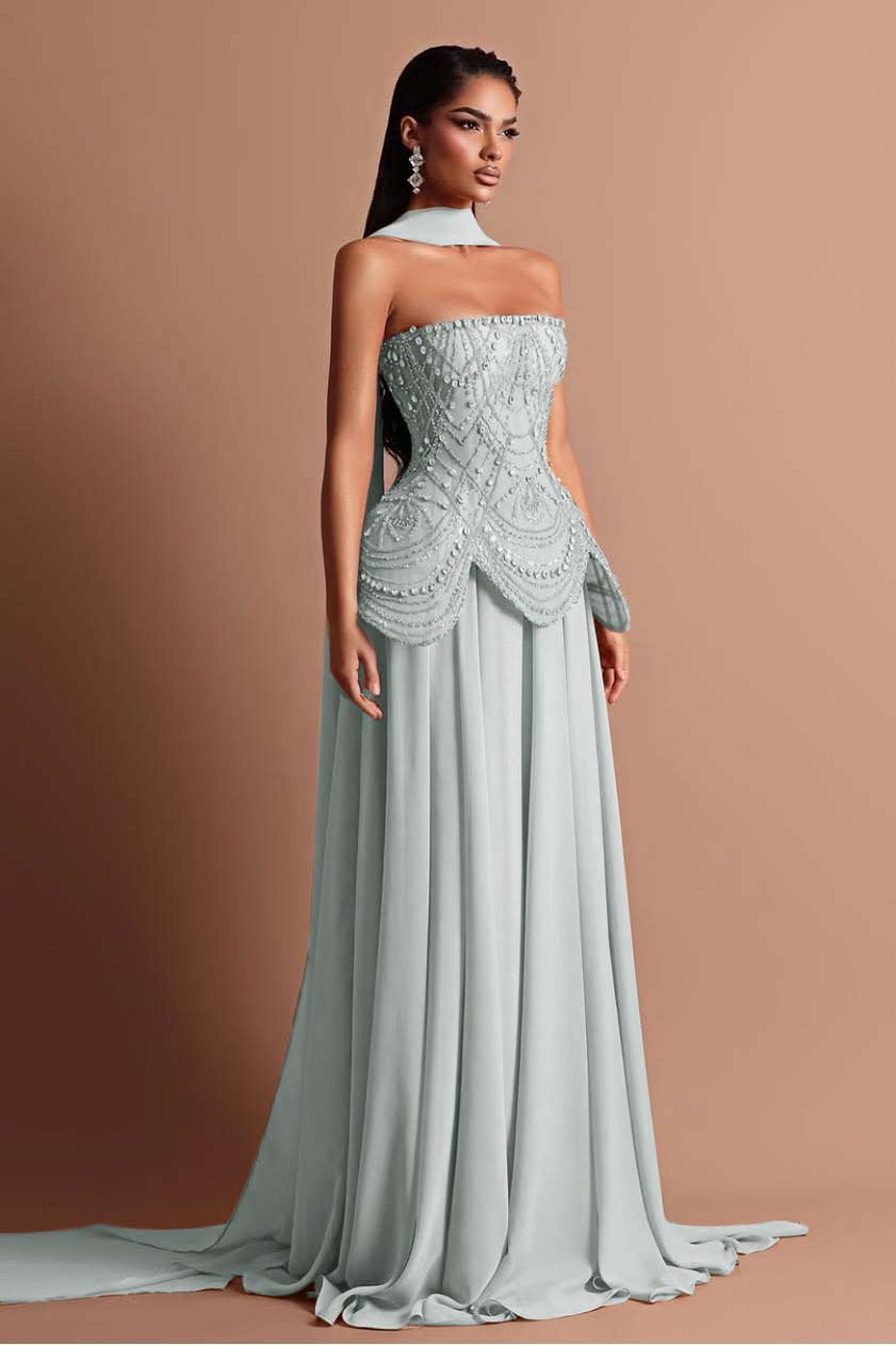 Strapless Sleeveless Long Prom Dress With Beading Pleated Wrap
