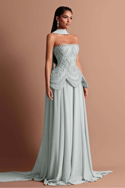 Strapless Sleeveless Long Prom Dress With Beading Pleated Wrap