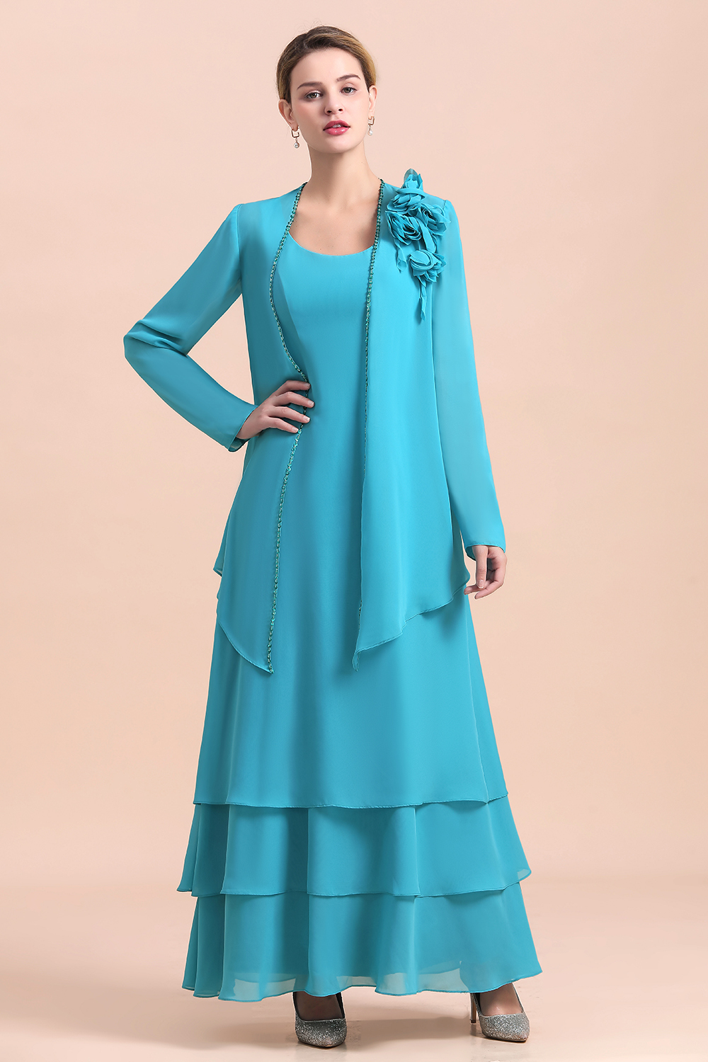 BMbridal Gorgeous Square Neck Flowers Layers Mother of Bride Dress with Long Wraps-BMbridal