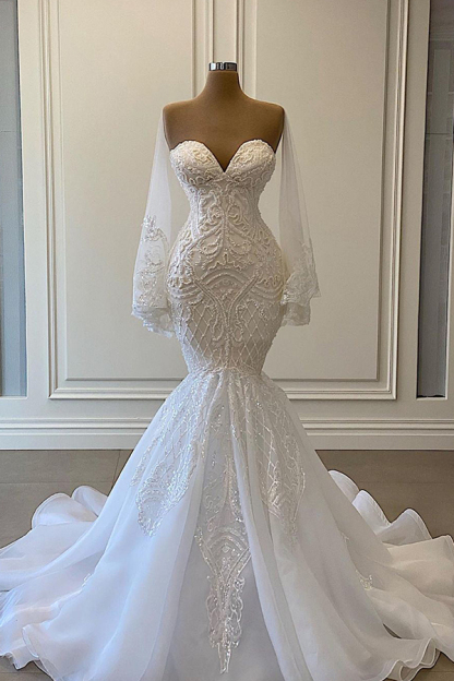 Chic Sweetheart Mermaid Strapless Lace Wedding Dress with Pearls Beadings