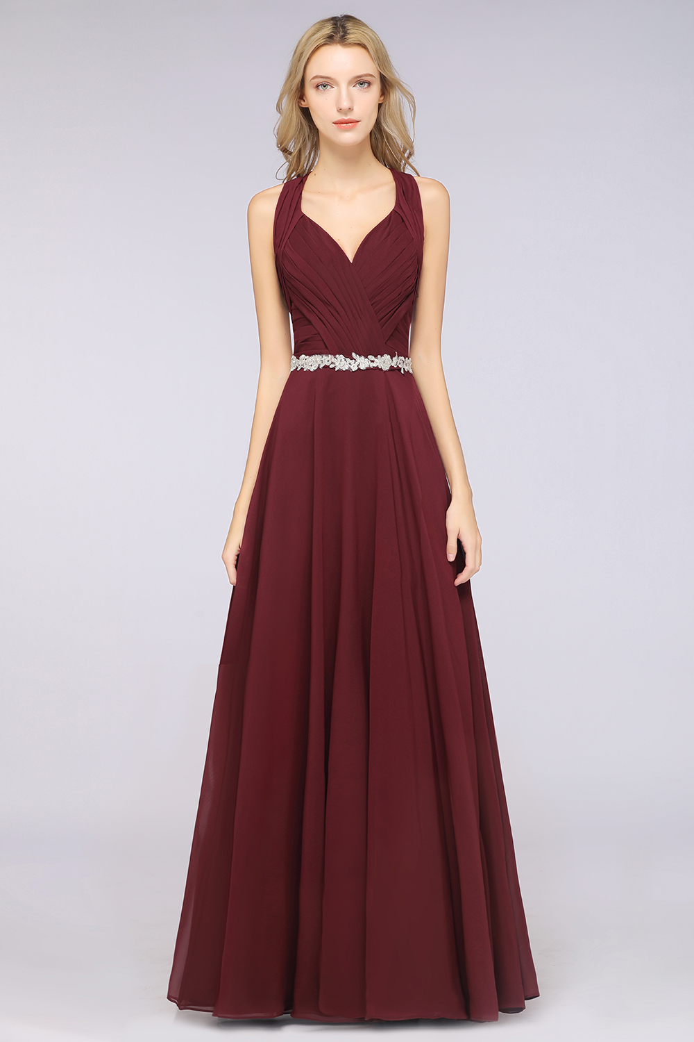BMbridal Elegant Chiffon Halter V-Neck Ruffle Bridesmaid Dress with Appliques Sashes-BMbridal
