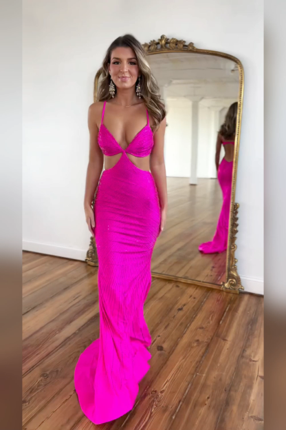 Glitter Yellow Spaghetti Straps Mermaid Cut-Out Long Prom Dress with Beading