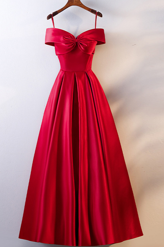 BMbridal Simple Off-the-Shoulder Satin Red A-Line Prom Dresses Sleeveless Ruffles Evening Dresses Online-BMbridal