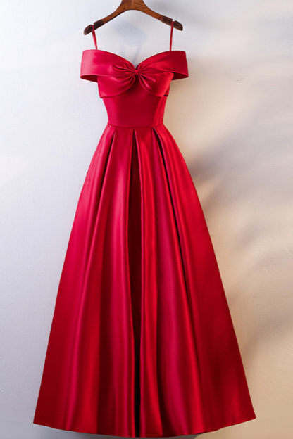 BMbridal Simple Off-the-Shoulder Satin Red A-Line Prom Dresses Sleeveless Ruffles Evening Dresses Online-BMbridal