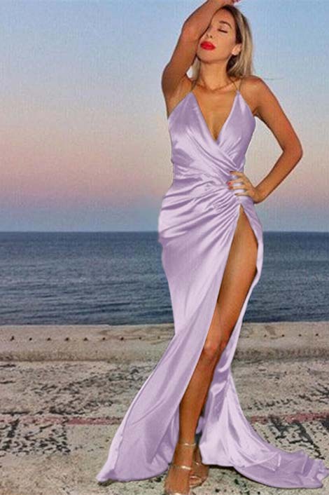 Green Deep V Neck Mermaid Prom Dress Pleated Sleeveless With High Split