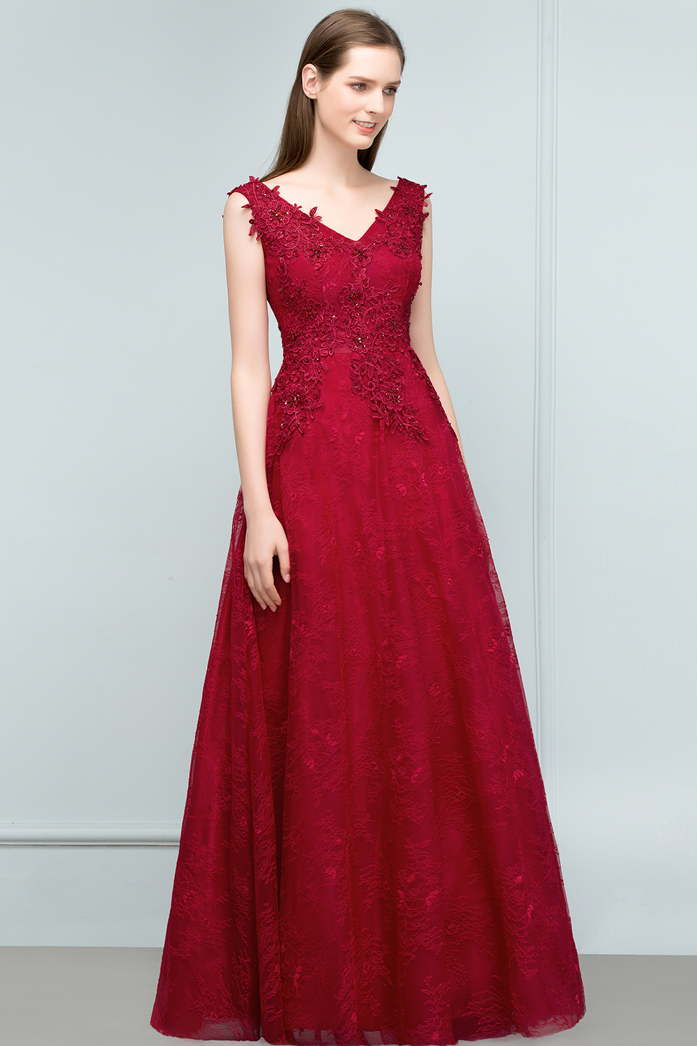 BMbridal Burgundy V-Neck Lace Prom Dress Long Evening Party Gowns With Appliques
