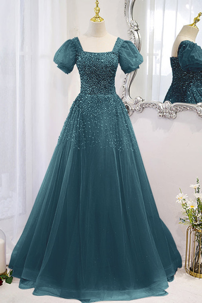 Chic Lace Up Prom Dress Beadings A Line Short Sleeves With Square Online