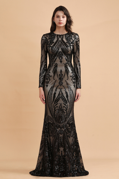 BMbridal Elegant Jewel Sequined Mermaid Prom Dresses Long Sleeves Appliques Party Dress with Overskirt-BMbridal