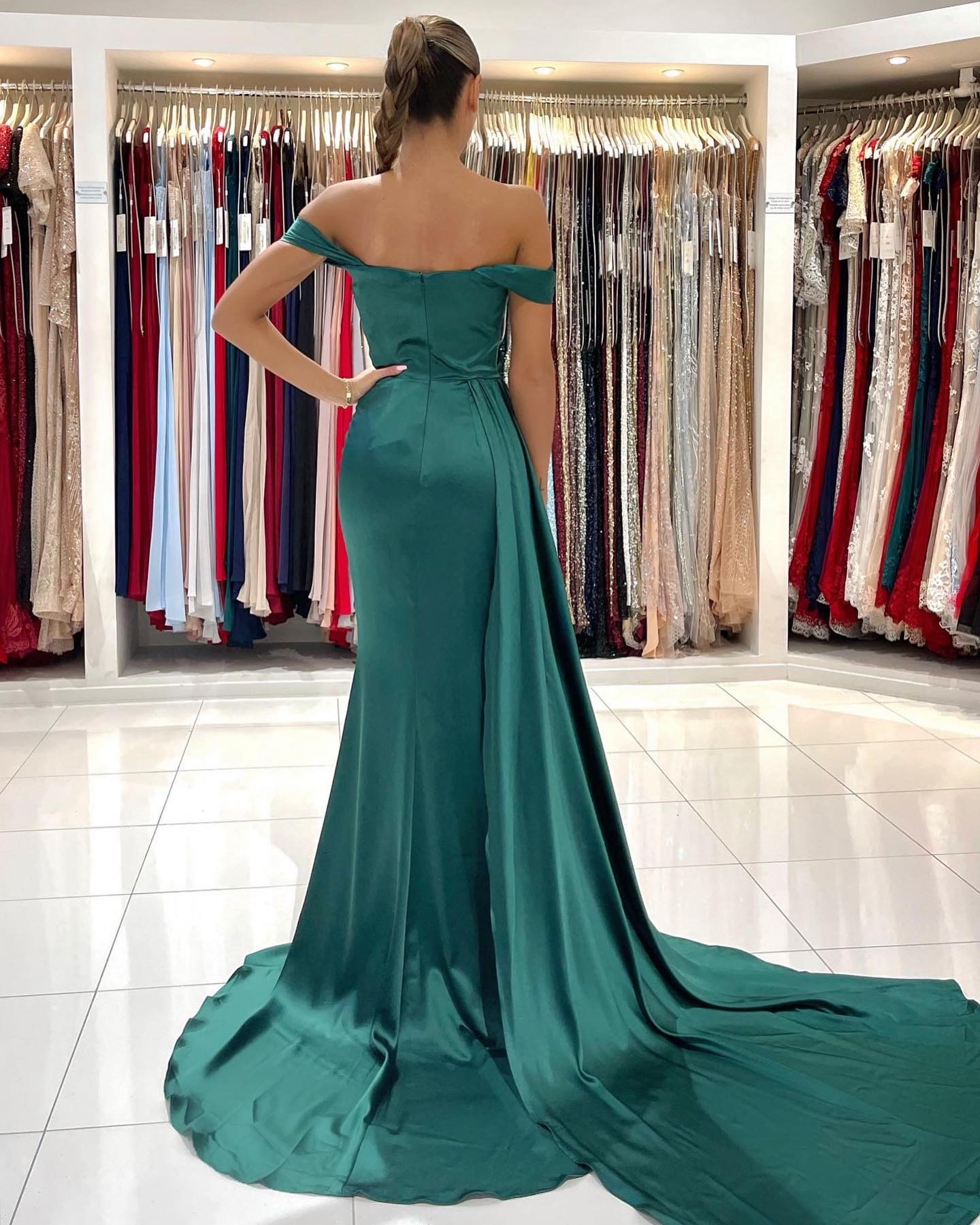 BMbridal Off-the-Shoulder Dark Green Prom Dress Mermaid With Slit