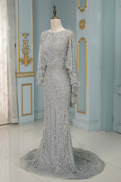 BMbridal Elegant Jewel Long Sleeves Mermaid Prom Dresses with Appliques Beadings