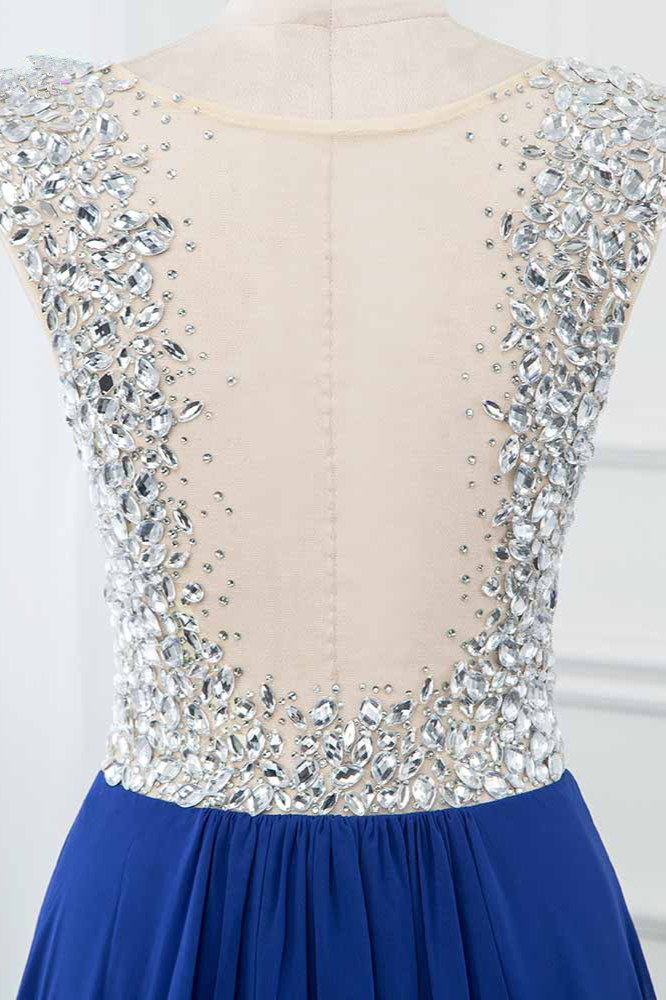 BMbridal Sparkly Chffon V-Neck Front Slit Royal Blue Prom Dresses with Beading Top
