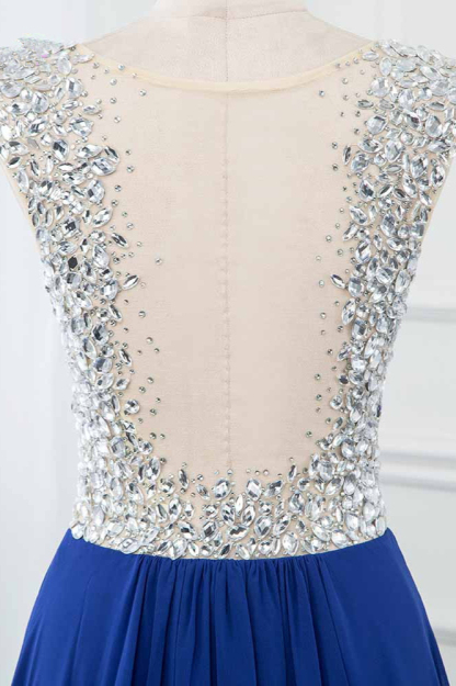 BMbridal Sparkly Chffon V-Neck Front Slit Royal Blue Prom Dresses with Beading Top