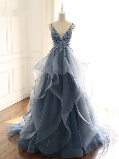 BMbridal Chic Tulle Spaghetti Straps V-Neck Prom Dresses with Appliques Online