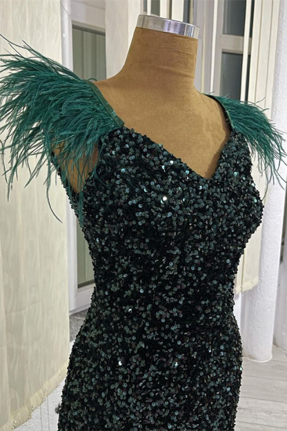 Bmbridal Dark Green Mermiad V-Neck Prom Dress with Sequins