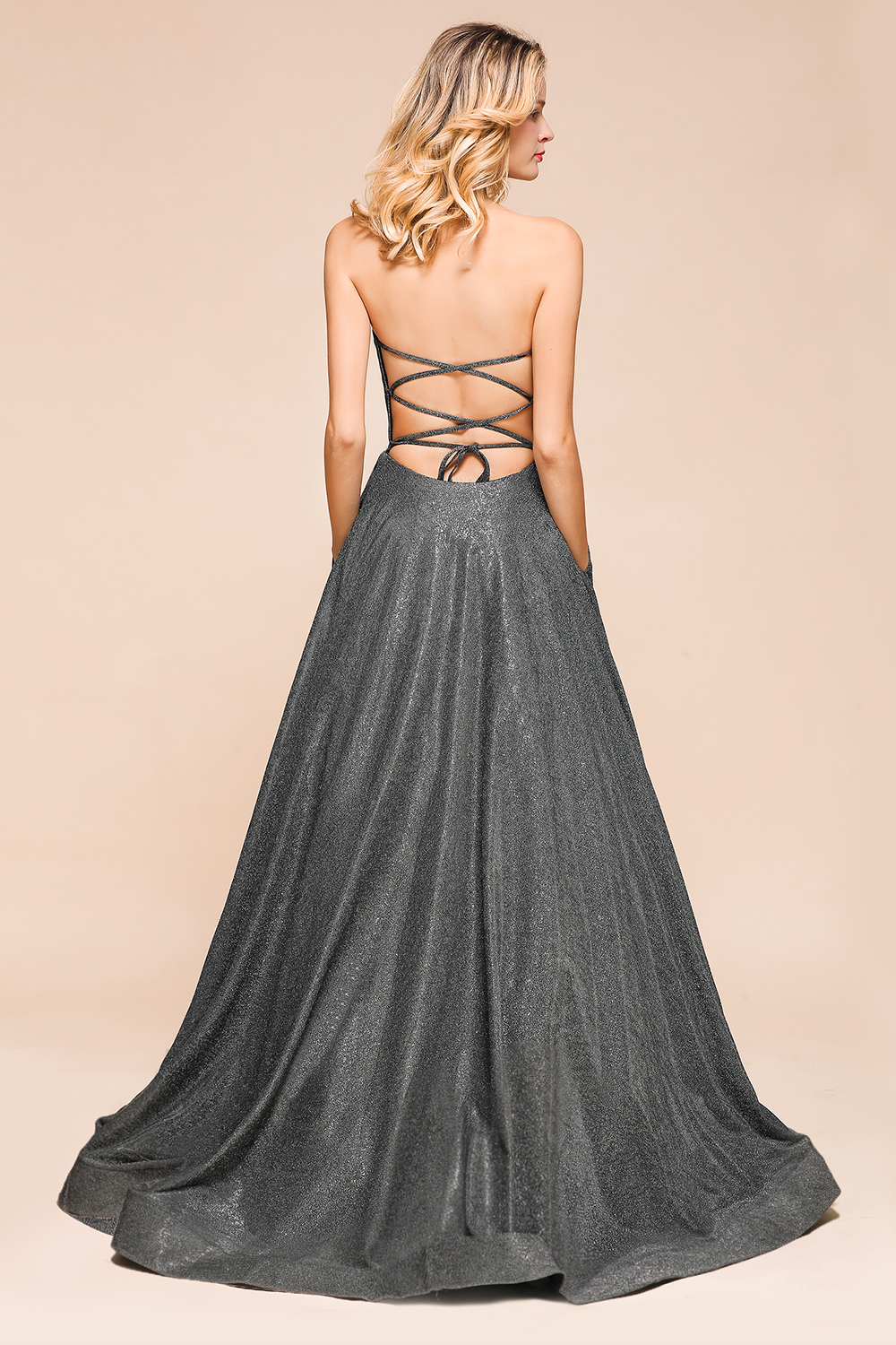 BMbridal Shinning Strapless Long Prom Dress Lace-up Evening Gowns With Split