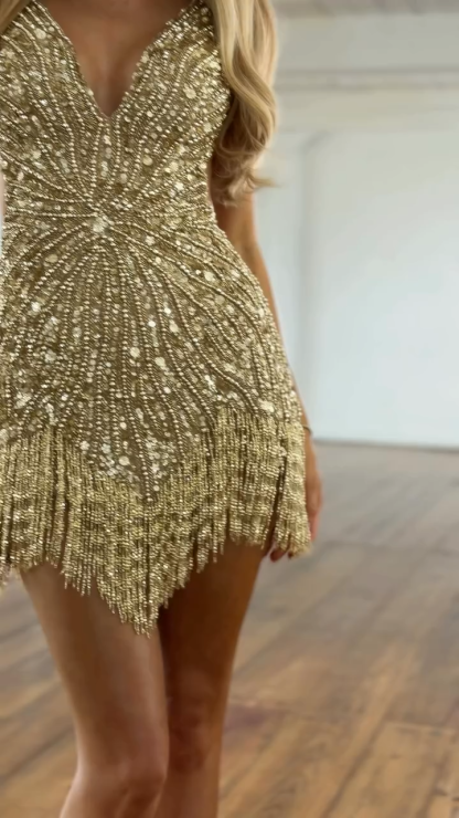 Deep V-neck Pearl Rhinestone Fringe Homecoming Dress Bodycon Mini Open Back