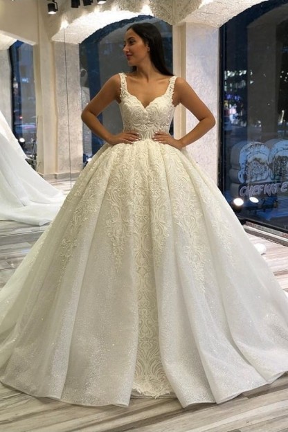 Stunning Spaghetti-Straps Sequins Backless Ball Gown Sweetheart Wedding Dress with Appliques Lace