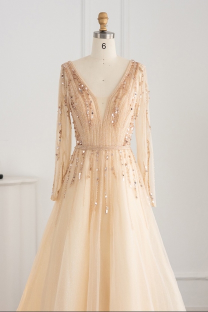 Bmbridal Champagne A-Line Long Sleeves V-Neck Prom Dresses with Appliques