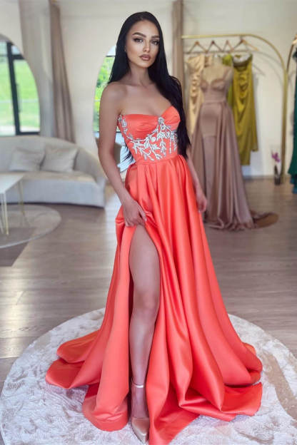 Hot Sale Watermelon Sweetheart Prom Dress A-Line Slit Long