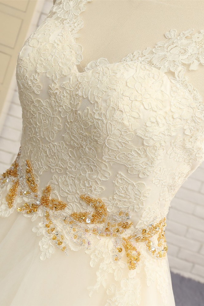 BMbridal Gorgeous Jewel Sleeveless A-Line Tulle Wedding Dress Lace Appliques Bridal Gowns with Beadings-BMbridal