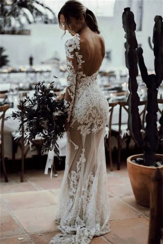 Long Sleeves Mermaid Column Backless Tulle Wedding Dress with Lace Appliques