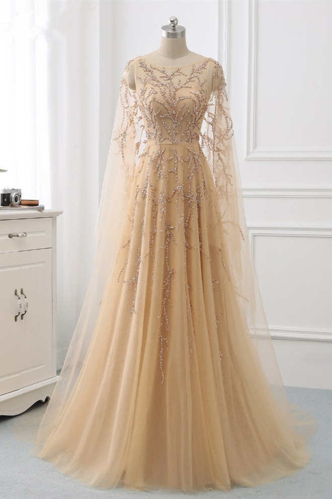 BMbridal Elegant Jewel Long Sleeves Ruffle Prom Dresses with Beadings Online-BMbridal