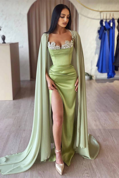 Designer Mermaid Square Sleeveless Rhinestone Satin Split Front With Train Prom Dress
