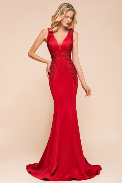 BMbridal Gorgeous Red Mermaid V-Neck Prom Dress Long With Lace Appliques Online