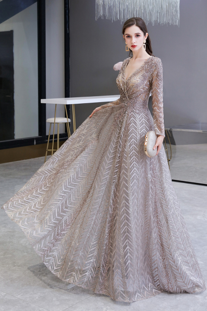 BMbridal Sexy V-Neck Long Sleeve Prom Dress Appliques A-Line Evening Gowns