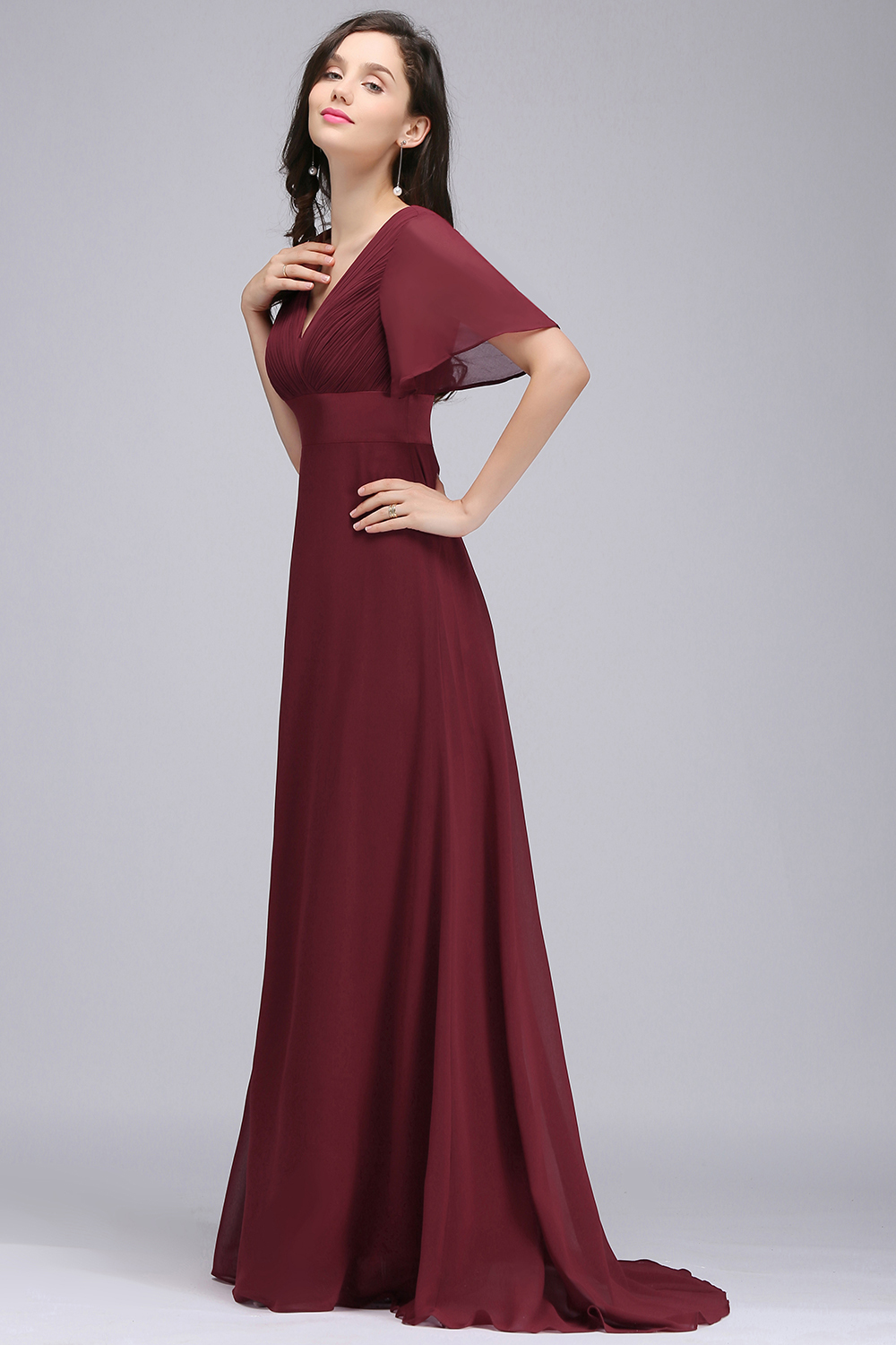 BMbridal Affordable V-Neck Ruffle Long Burgundy Bridesmaid Dress With Short-Sleeves-BMbridal