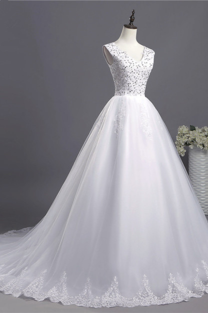BMbridal Glamorous V-Neck Sequins White Tulle Wedding Dress Sleevels Lace Appliques Bridal Gowns On Sale-BMbridal