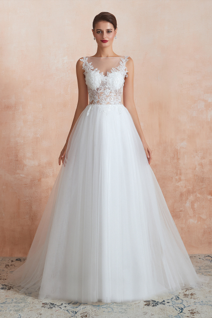 BMbridal Exquisite Sequins White Tulle Affordable Wedding Dresses with Appliques