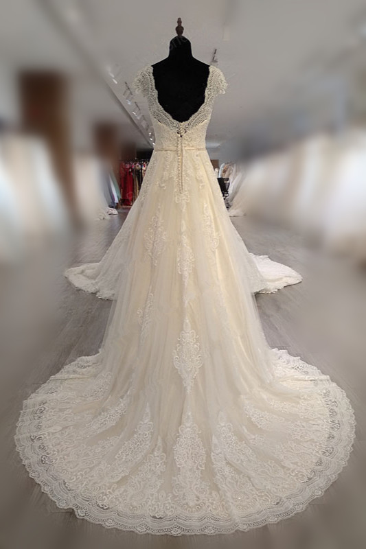 BMbridal Gorgeous V-Neck Cap Sleeves Tulle Wedding Dress Lace Appliques Ruffle Bridal Gowns Online-BMbridal
