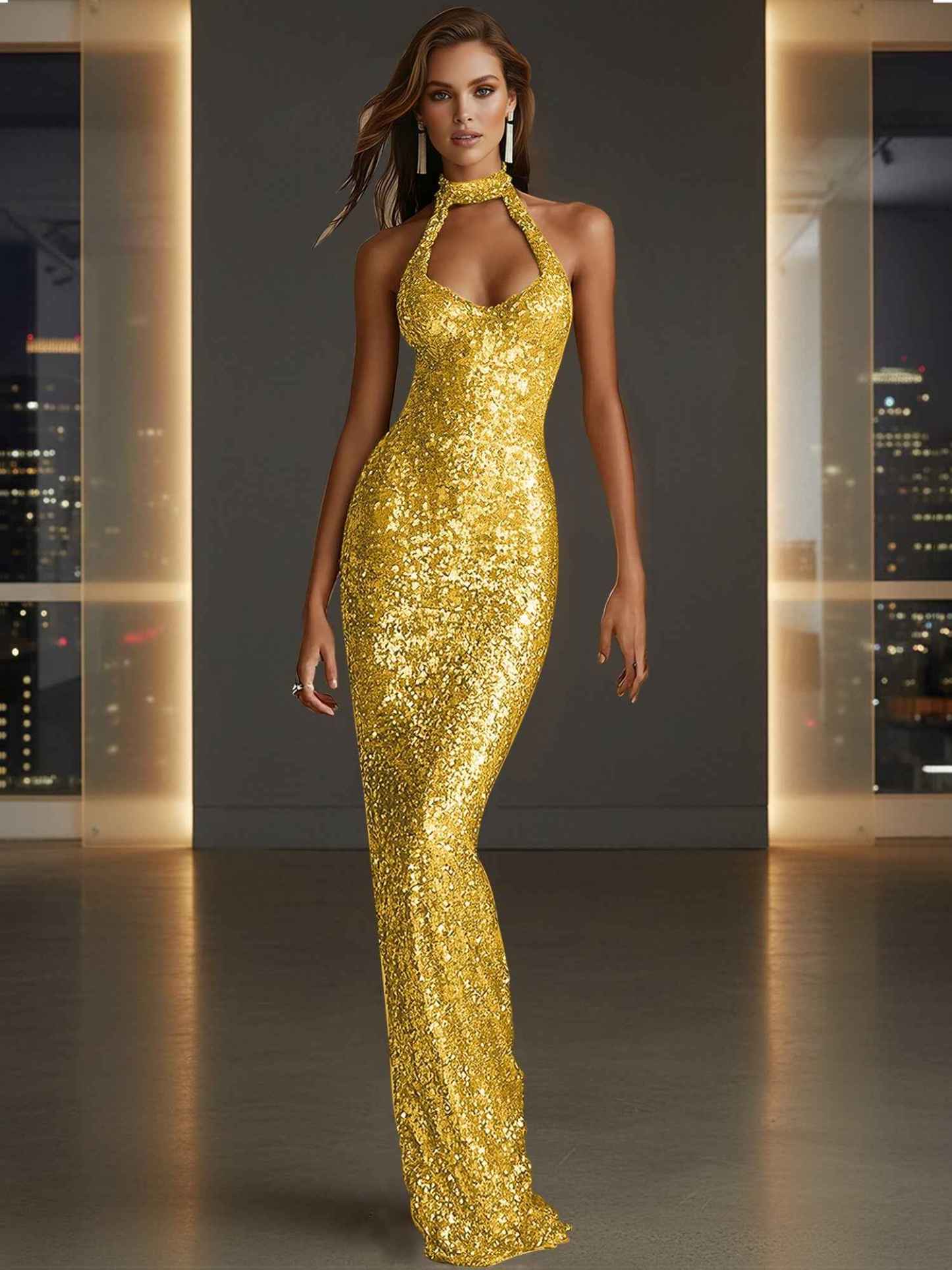 Glamorous Gold Sequin Halter Neck Mermaid Long Prom Dress