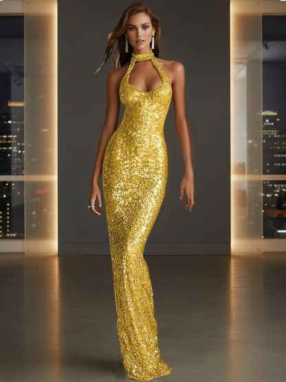Glamorous Gold Sequin Halter Neck Mermaid Long Prom Dress