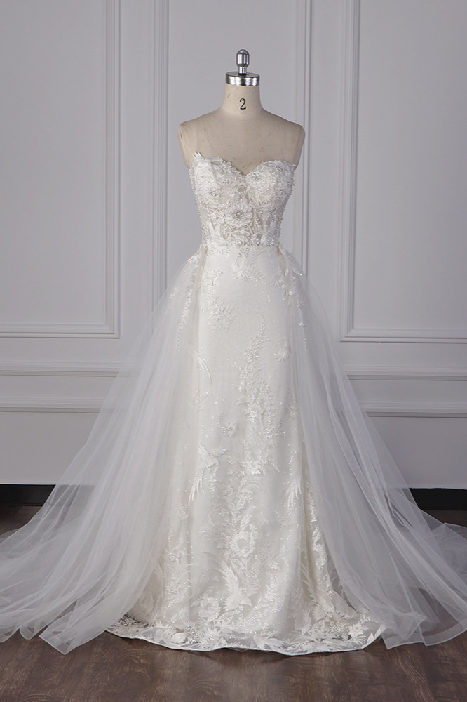 BMbridal Stylish Strapless Tulle Lace Wedding Dress Sweetheart Appliques Bridal Gowns with Overskirt On Sale-BMbridal