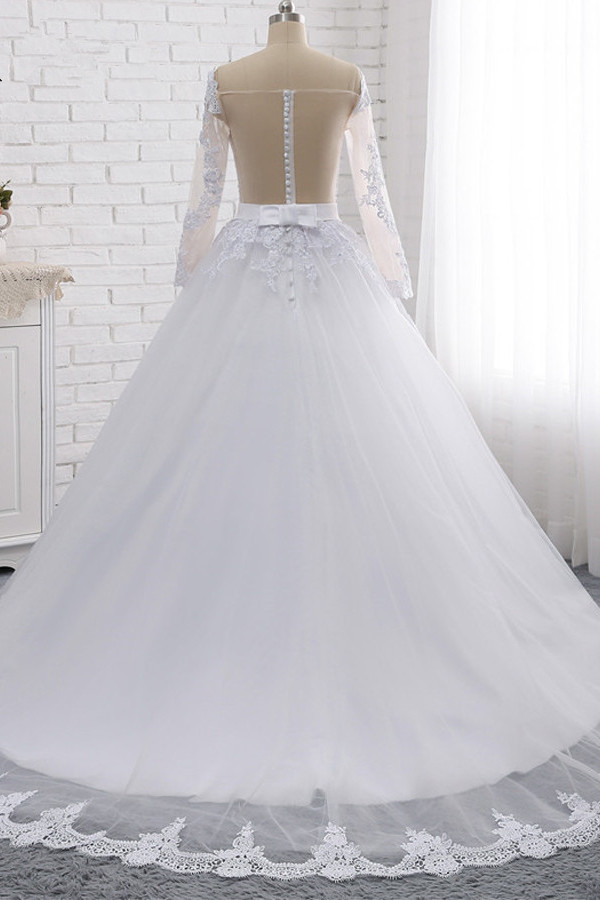 BMbridal Stylish Off-the-Shoulder Long Sleeves Wedding Dress Tulle Lace Appliques Bridal Gowns with Beadings On Sale-BMbridal