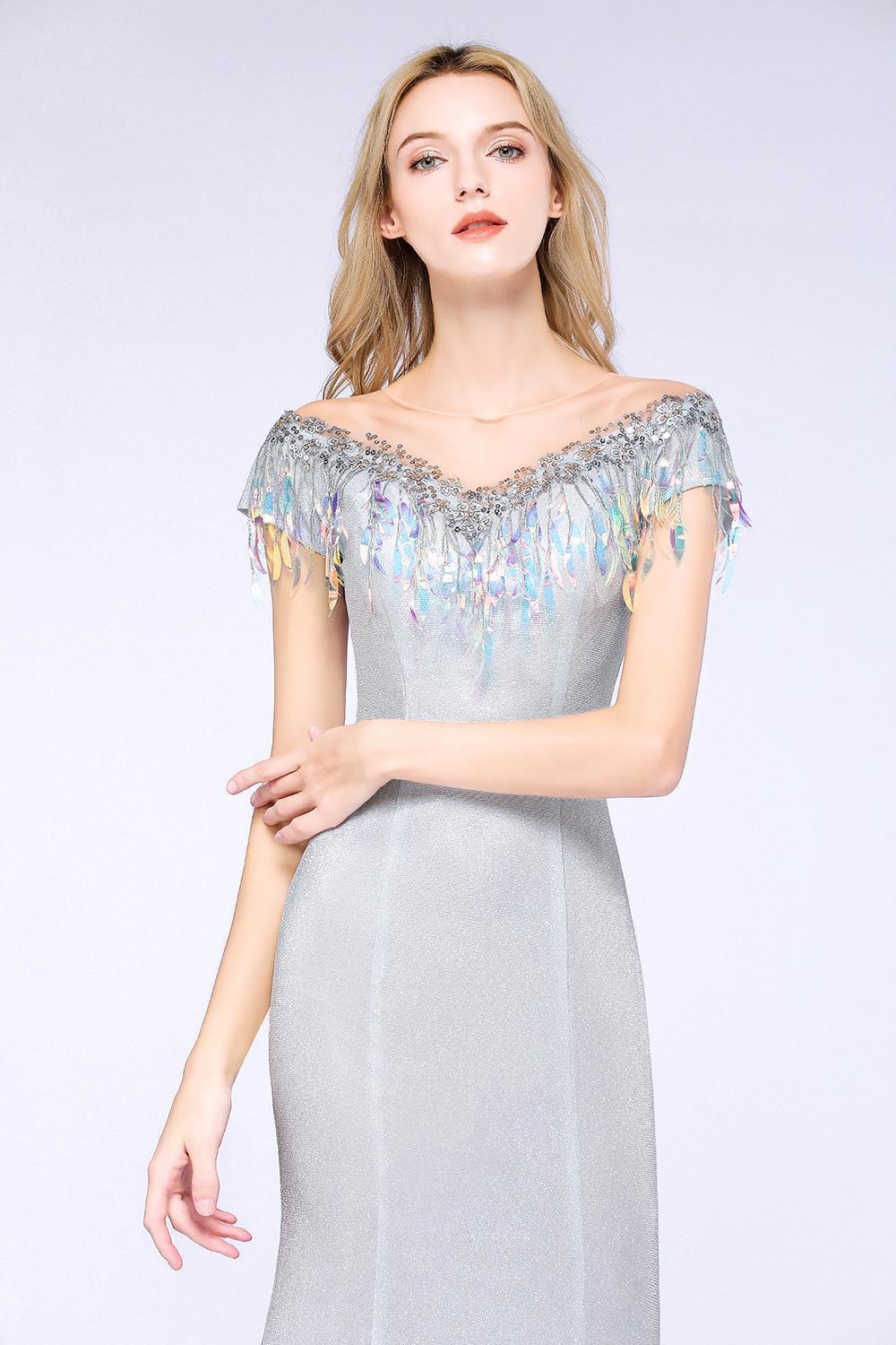 BMbridal Elegant Jewel Short Sleeves Sequins Evening Dress with Tassels