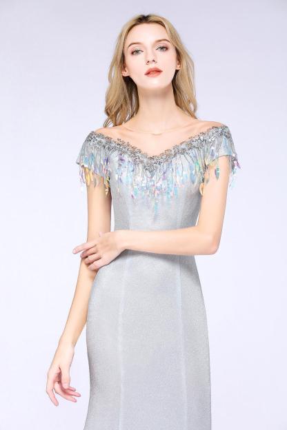 BMbridal Elegant Jewel Short Sleeves Sequins Evening Dress with Tassels