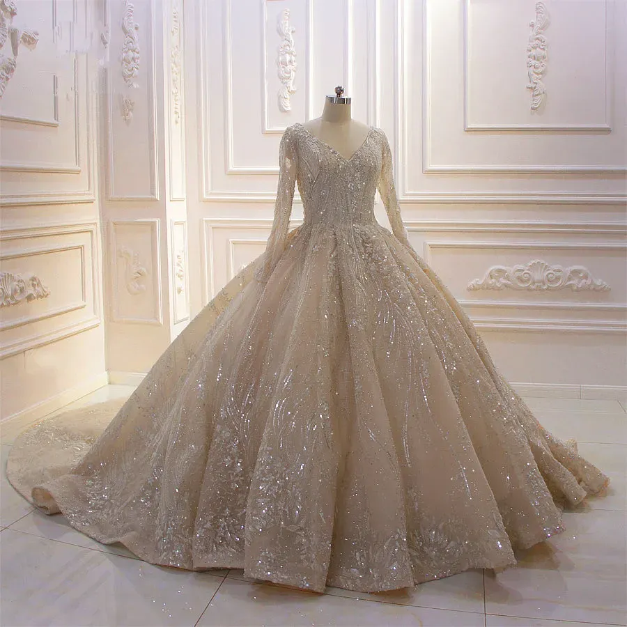 Beautiful Long Sleeves V-Neck Ball Gown Wedding Dress with Sequins Beading Ruffles