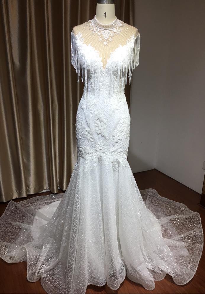 Shimmy High Neck Mermaid Wedding Dress with Beadings Tassel