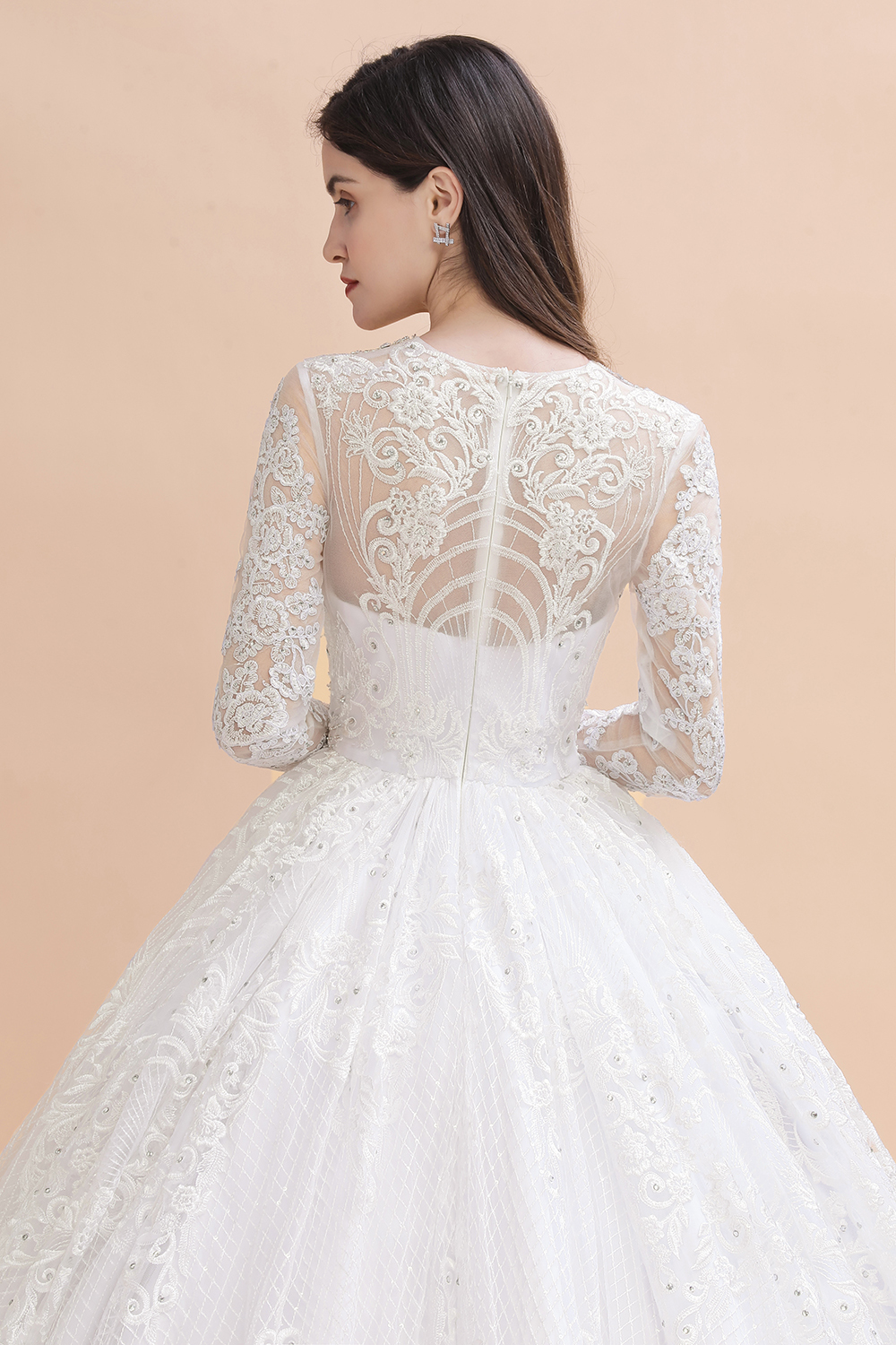 BMbridal Glamorous Jewel Tulle Lace Wedding Dress Long Sleeves Appliques Beadings Bridal Gowns Online-BMbridal